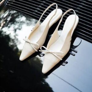 Anine Bing Zoey Slingback Heels in Bone Crinkled Patent